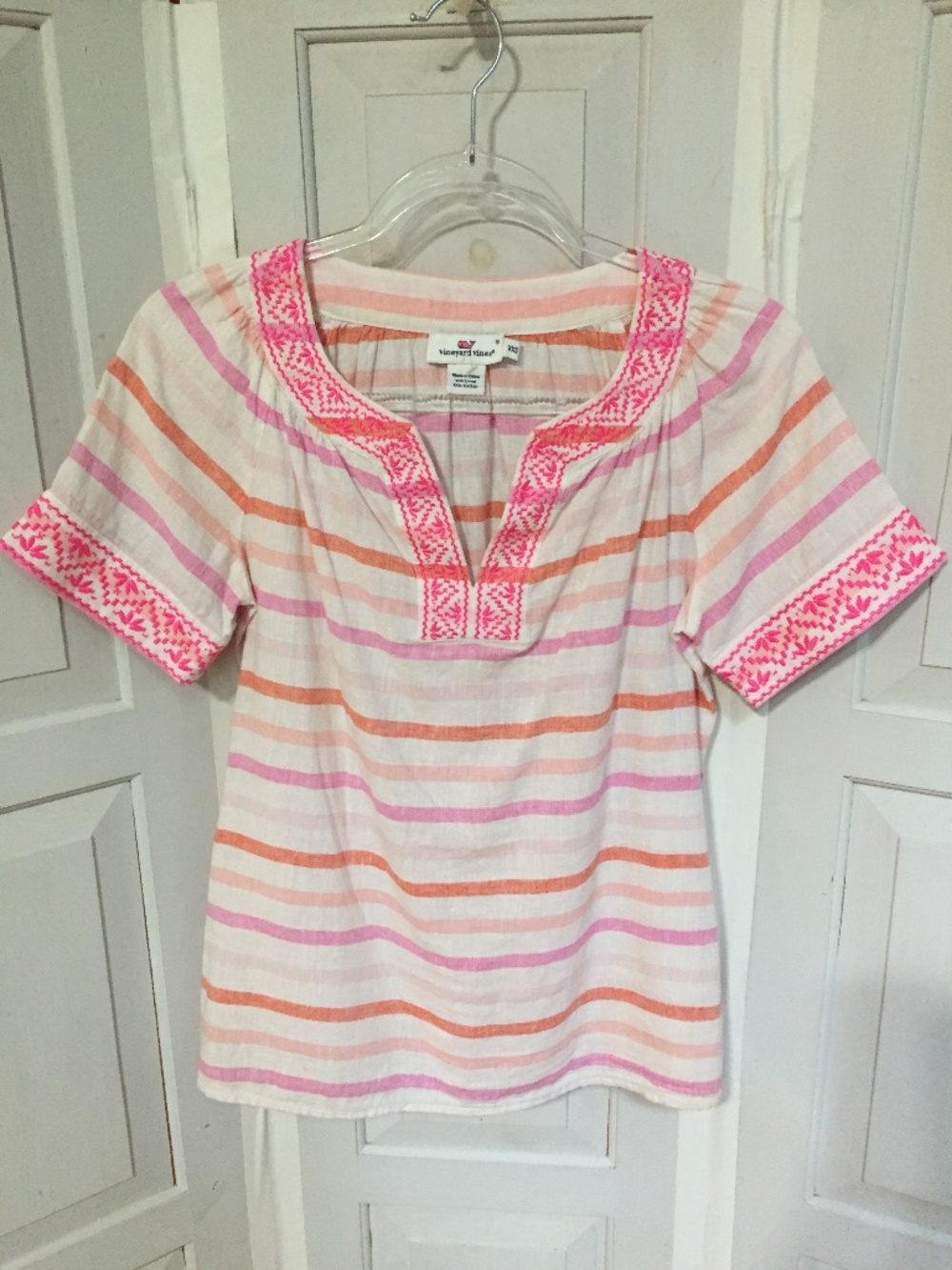 Vineyard Vines Pink and Orange Striped Embroidered Peasant Top